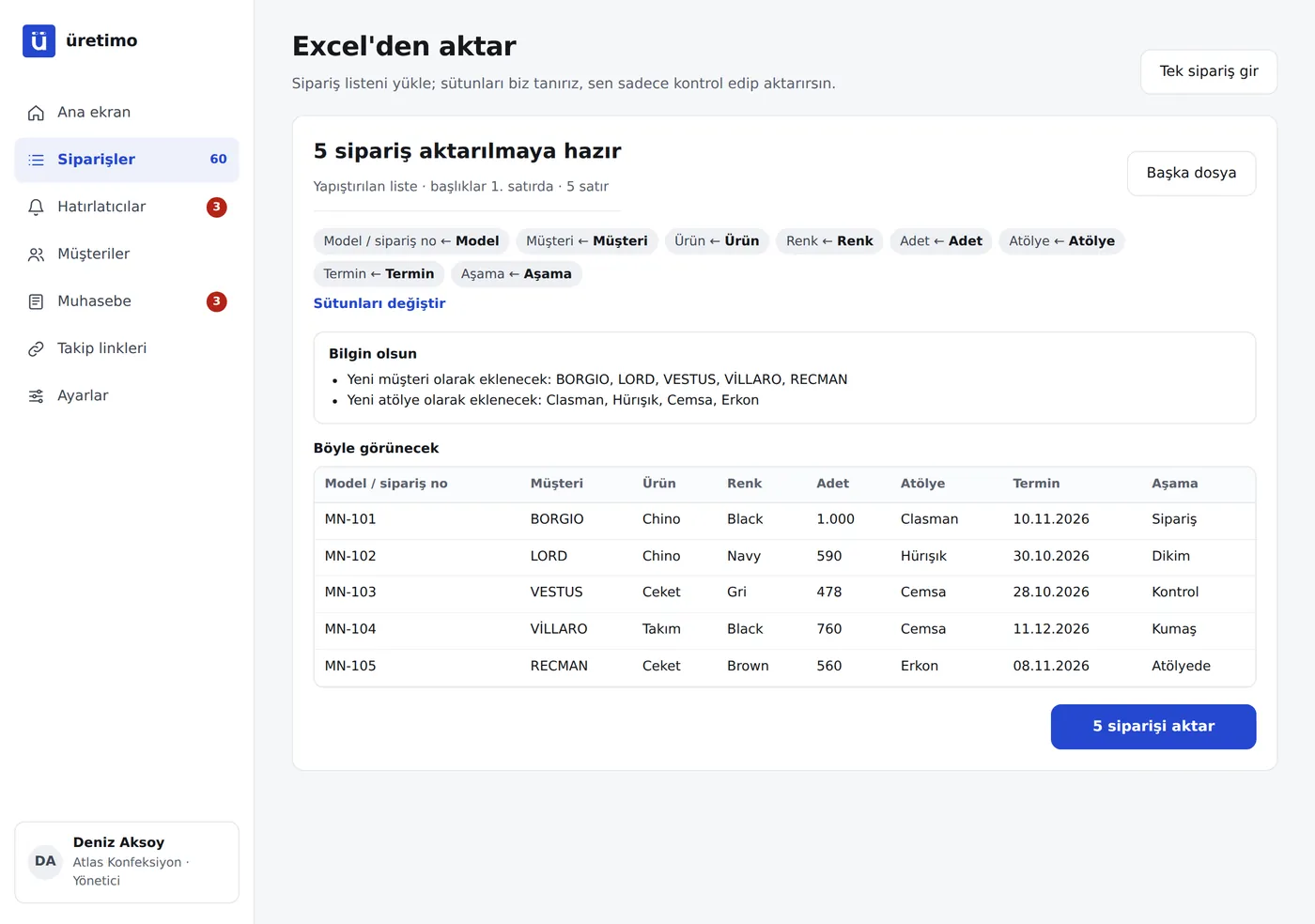 Üretimo Excel aktarma ekranı: yüklenen listenin sütunları otomatik tanınmış, siparişler aktarılmaya hazır