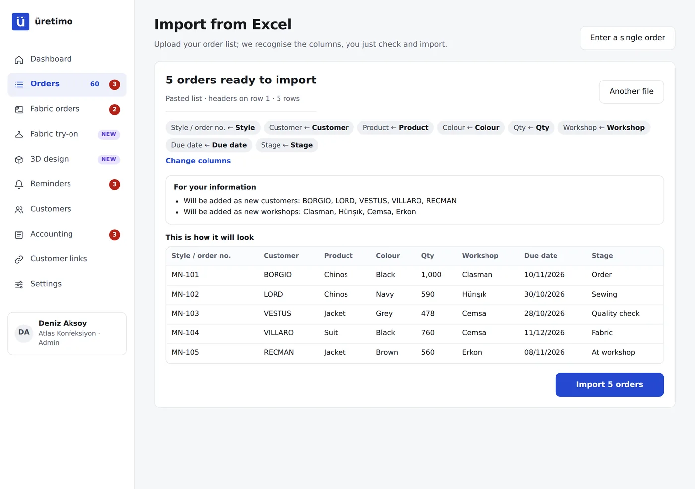 Üretimo Excel import screen: the columns of the uploaded list recognised automatically, orders ready to import
