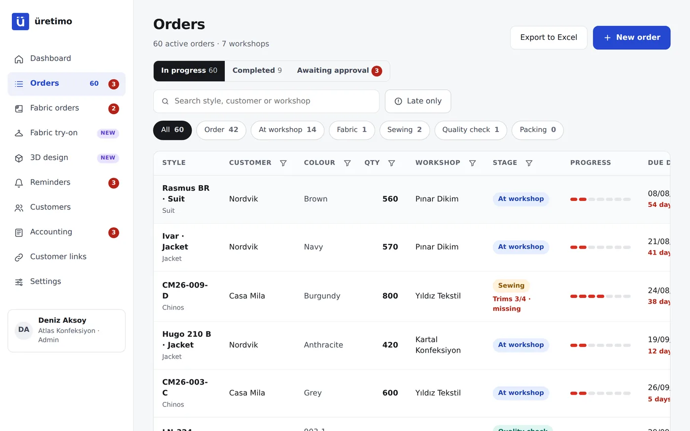 Order list with customer, style, workshop, stage and due date columns