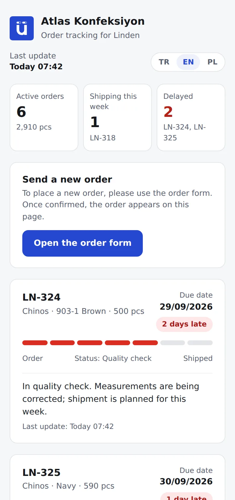 Customer tracking page on a phone: active and late orders, stage bar and a note for the customer