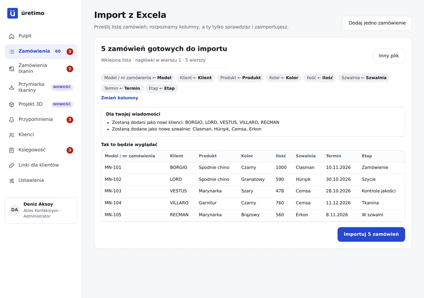 Ekran importu z Excela w Üretimo: kolumny wgranej listy rozpoznane automatycznie, zamówienia gotowe do importu