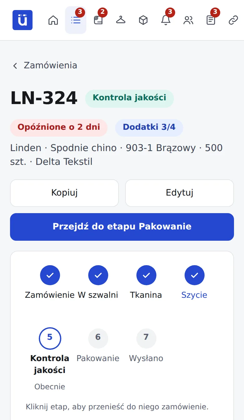 Ekran zamówienia na telefonie: etapy i przycisk przejścia do kolejnego etapu jednym dotknięciem