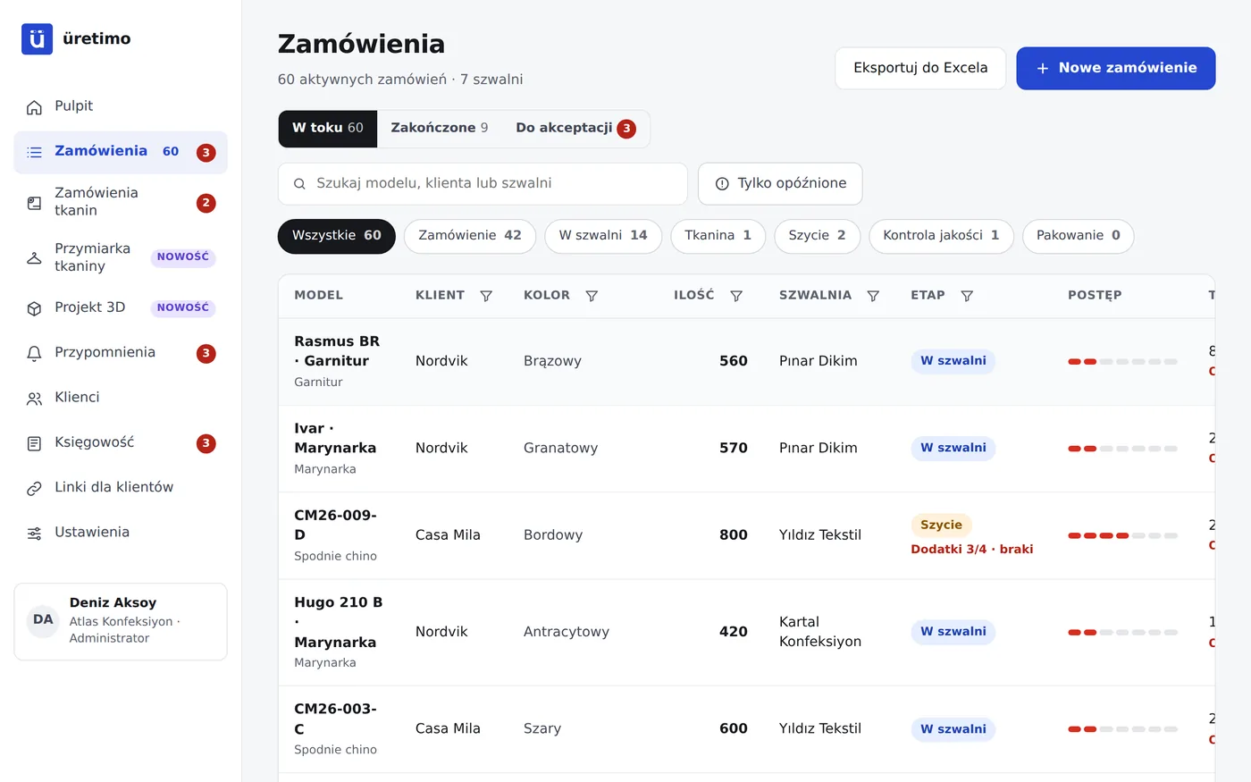 Lista zamówień z kolumnami klient, model, szwalnia, etap i termin
