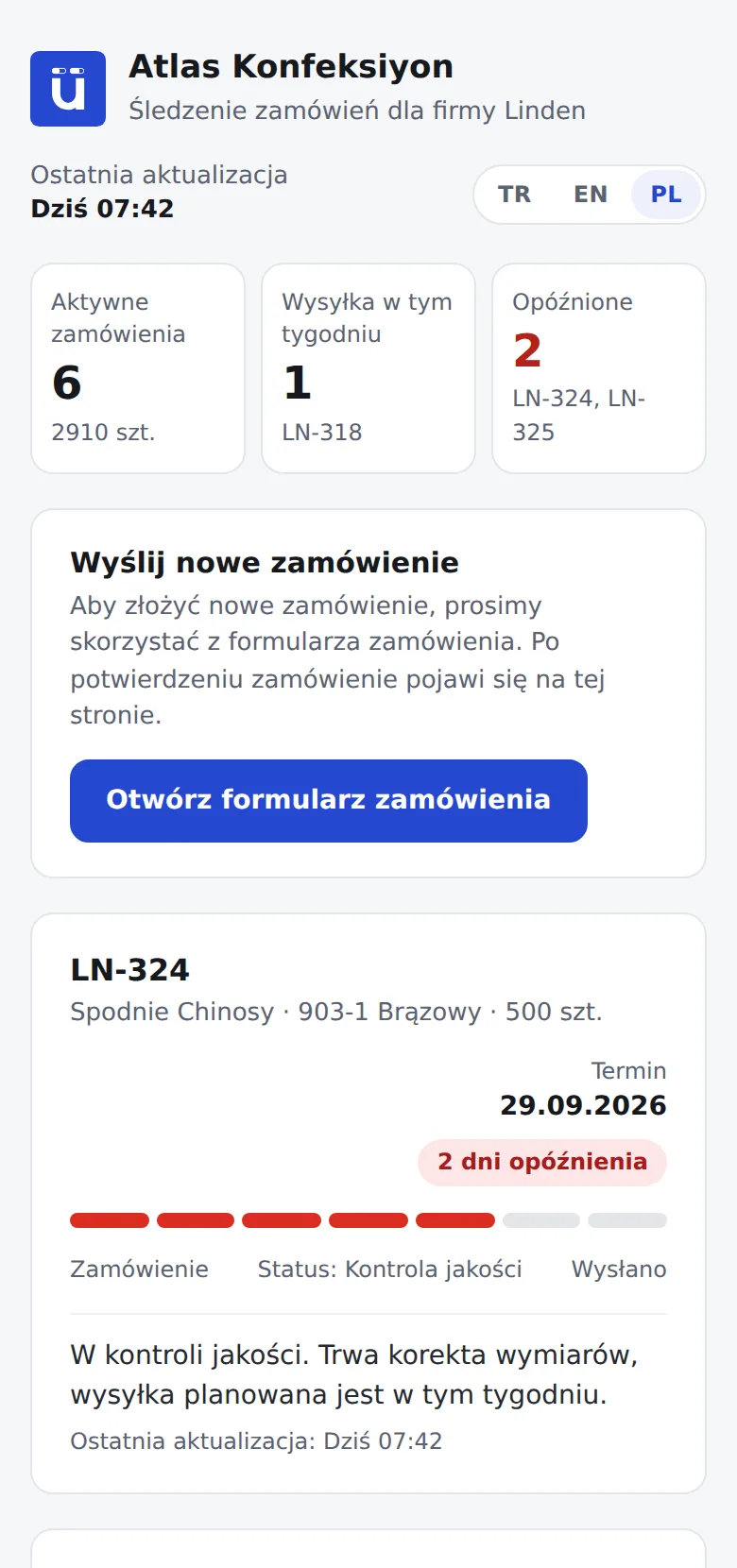 Strona śledzenia dla klienta na telefonie: zamówienie aktywne i opóźnione, pasek etapów i notatka dla klienta