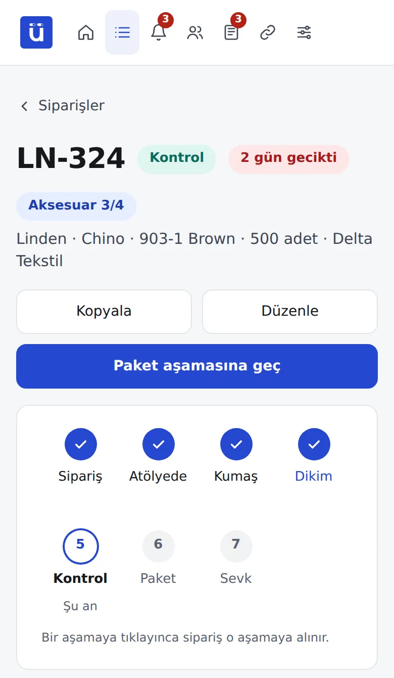 Telefonda sipariş ekranı: aşama adımları ve tek dokunuşla ilerletme düğmesi